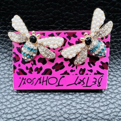 Betsey Johnson Crystal Blue Pearls Bees Gold Drop Dangle Earrings Free Gift Bag - Image 1 of 4