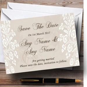 Vintage Lace Beige Chic Personalised Wedding Save The Date Cards - Picture 1 of 1