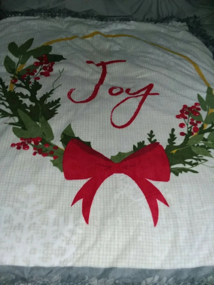 JOY Christmas W/stripes WARM HANDMADE 2 layer fringe tie blanket/throw 60" X 67" - Image 1 of 4