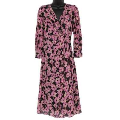 Vestido Kate Spade Wallflower Midi 2 Negro Rosa Metálico Seda Gasa Manga Larga Foto 1 de 4