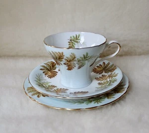 AYNSLEY Pattern Fern Leaves Pale Blue Tea Trio Corset Shaped C+S+P - Picture 1 of 11