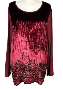 Ulla Popken Tunic Size 20/22 Crushed Velvet Burgundy Beaded Long Lagenlook Boxy - Picture 1 of 9