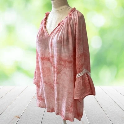 Blusa SPENSE 3x Melocotón Tie Dye Crochet Borde Manga Campana Boho Campesina Elegante Top Foto 1 de 4