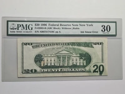 PMG64 1996 20$ INK SMEAR ERROR Federal reserve note New York FR#2083-B - Image 1 of 4