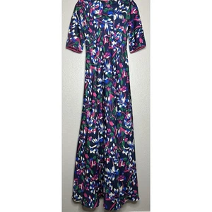 Maxi Vestido Libelula Seda Estampado Tropical Azul Marino Rosa Manga Corta Formal Talla EE. UU. 8 - Imagen 1 de 12