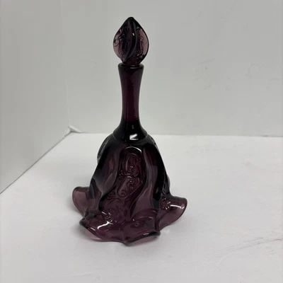 Art Glass Bell 7" Ruffled Amethyst Purple Fenton Paisley Swirl Embossed Vintage - Image 1 of 4