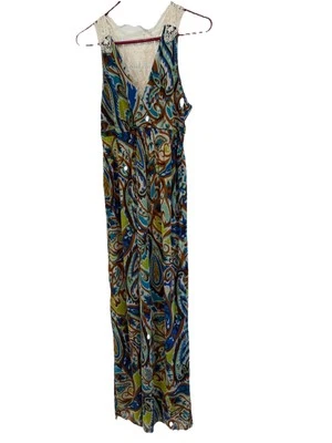 Maxi Vestido Para Mujer L Multicolor Sin Mangas Encaje Espalda, Colorido Paisley, Smocking Foto 1 de 4