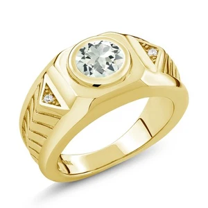 Round Green Prasiolite 18K Yellow Gold Plated Silver Men's Ring 1.73 Ct - Picture 1 of 50