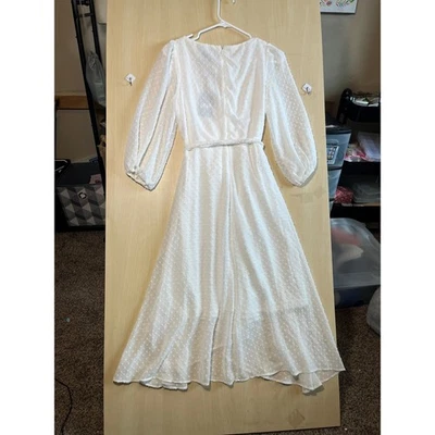 DKNY White Swiss Dot High Low Midi Dress Wrap Style Puff Sleeve Size 6 NWT - Image 1 of 4