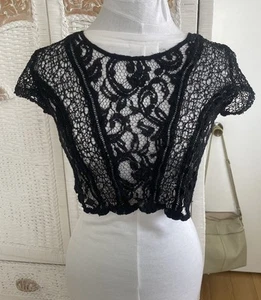 Sheer Black Lace Front Crop Top Front Top Evening Gothic Sweet Cute Fancy Sz S - Picture 1 of 7