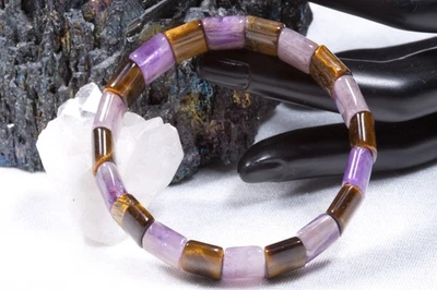 Edelstein Armband Amethyst und Tigeauge | ca. 11mm flaches Rechteckarmband - Bild 1 von 2
