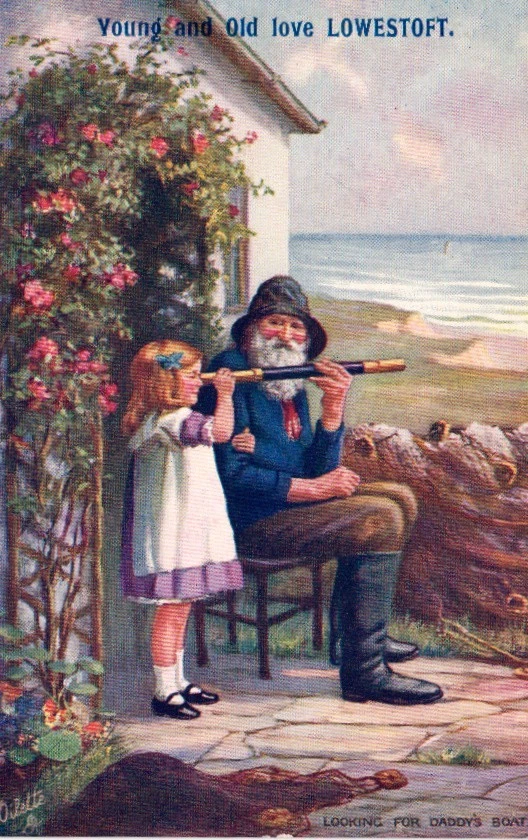 printed  nostalgic  lowestoft postcard, circa 1910 fisherman, telescope - Image 1 of 1