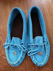 Canadian Laurentian Chief Moccasins Handmade Super Soft Suede Blue Ladies 9 Bead - Bild 1 von 11