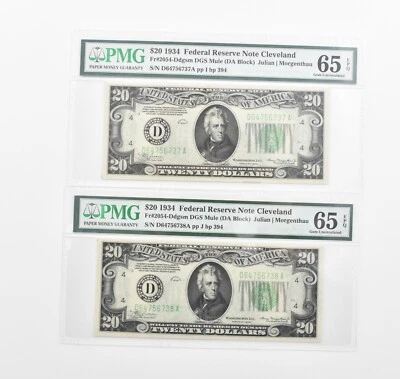 Lot (2) PMG 65 EPQ 1934 $20 FRN Consecutive Notes Fr#2054-Ddgsm *1148 - Image 1 of 3
