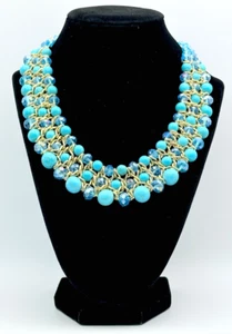 Gold Tone Turquoise Color Stone Beads & Blue Glass Rhinestones Necklace Vintage - Picture 1 of 8