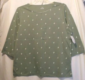 CJ Banks X XL 14W Pullover Sage Green & White Sprig Knit Top, 3/4 sleeves NWT - Picture 1 of 3