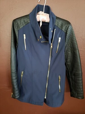 Черный заклепки женщина темно-синий/черный ассиметричный молнии веганский искусственной кожи куртка M - Изображение 1 из 4