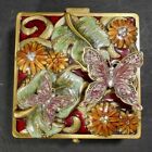 Enamel Butterflies Flowers Metal Trinket Jewelry Box with Mirror 4”x2” Bombay