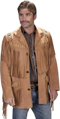 Western Suede Leather Mens Native American Cowboy Fringe Jacket Tassels & Beads - Image 1 of 4