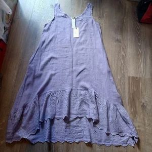 Lungo L'Arno Womens High Low Dress Sz M Lavendar Linen Lagenlook Eyelet Hem - Picture 1 of 5