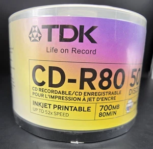 TDK CD-R80 50 disques vierges enregistrables 80MIN/700MB 52x jet d'encre multi-vitesse imprimable - Photo 1/9