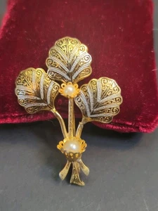 Broche hoja perla damascena vintage - Imagen 1 de 7