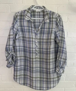 J Jill 100% Love Linen Blue Plaid Print Button Down Tunic Blouse Small - Picture 1 of 14