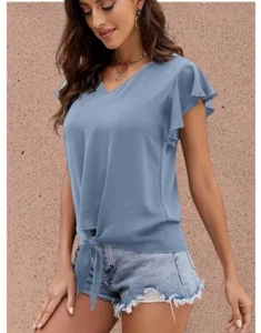 VIMPUNEC Women’s V-Neck Short Sleeve Chiffon Blouse Tie Knot Hem Casual Top (XL) - Picture 1 of 4