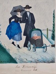 Die Ferienreise Sommer 1858 Spät Biedermeier Zeichnung O. Fritzsche Genre Szene - Picture 1 of 12
