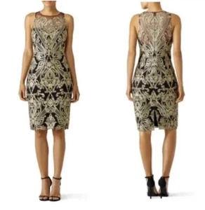 Neu mit Etikett $ 595 Marchesa Notte Kleid formell Spitze Golden Fiore Etui schwarz gold Gr. 12 - Bild 1 von 13
