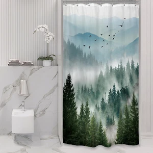 Riyidecor Small Stall Mountain Shower Curtain 36Wx72H Inch Green Rv Single Rusti - Picture 1 of 12