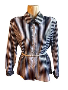 Blusa Top Para Mujer DRAPERS & DAMONS Blanco y Negro Rayas Abotonadas Pequeña - Imagen 1 de 10