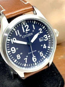 Citizen Herrenuhr BM6838-17L Eco-Drive blaues Ziffernblatt Datum braunes Lederband 42mm - Bild 1 von 14