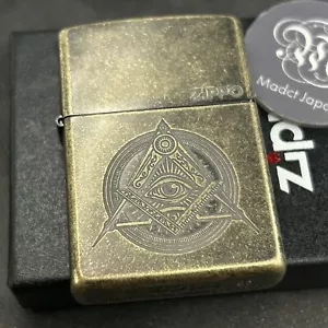 Zippo Oil Lighter Freemason Eye of Providence Pyramid Eye Brass New - Picture 1 of 10