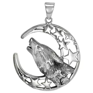 Sterling Silver Howling Wolf Crescent Moon Pendant Lunar Totem Wolves Jewelry - Picture 1 of 1