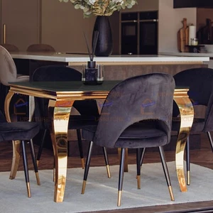 FurnitureDW Gold 1m Square Dining Table Black Glass and 4 Chair Velvet Astra Set