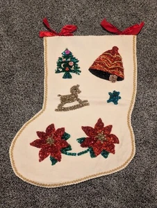 Vtg 70’s Felt Sequin Hand Made Christmas Stocking Tree Rocking Horse Bell 21"L - Picture 1 of 7