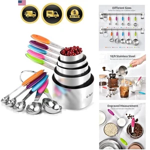 Durable Multicolor Measuring Cups & Spoons Set, 18/8 Stainless Steel - 10 Pieces - Picture 1 of 11