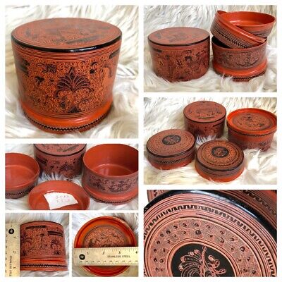 4x3  Asian Antique Burmese Betel Nut Box, Kun It, Burma Lacquerware • 109.87$