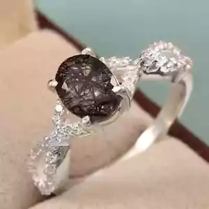 Corte Ovalado Negro Rutilado Cuarzo Joyería Compromiso Anillo 925 Plata Bodas De - Imagen 1 de 4