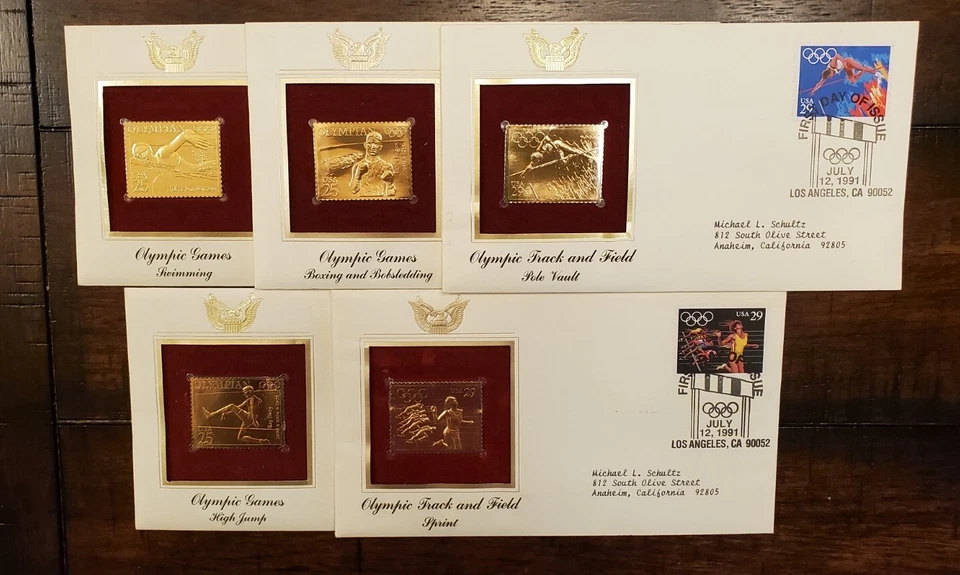 Set of (5) PCS Gold Foil Stamp 1990-1991 Olympics First Day Covers - Image 1 of 4