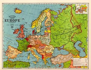 Bacon's Standard Wall MAP of EUROPE circa 1921 24" x 32" Big Large Print Poster