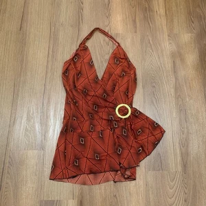 Vintage MKM Y2K Geo Print Halter Top Side Buckle Sash Large - Picture 1 of 6