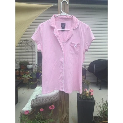 Laura Ashley womens striped pajama shirt M top button pocket pink white cotton - Image 1 of 4