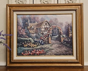 Vintage Signed Carl Valente Needlepoint – English Cottage Floral Garden... - Picture 1 of 13