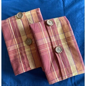 Pair Pottery Barn Cotton Orange & Gold Plaid Pillow Covers with Buttons 18" Sq - Picture 1 of 6