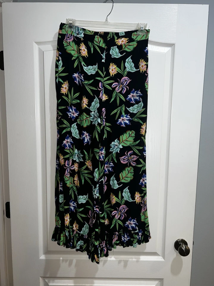 Saint Tropez West Talla L Grande Negro Tropical Pierna Ancha Elastizada Cintura Pantalones Volantes Foto 1 de 4