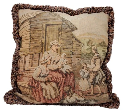 Vtg French Countryside Tapestry Pillow w/ Fringe 18x18 Cottage Core Romantic - Image 1 of 4
