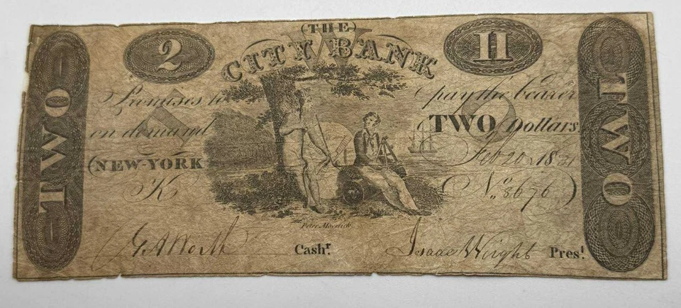 1831  Rare US Note City Bank New York $2 Obsolete Note Peter Maverick Engraver - Image 1 of 2