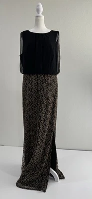 Aidan Mattox Black Gold Sequin Lace Gown Sz 14 Sleeveless Formal Maxi Dress Silk - Image 1 of 4
